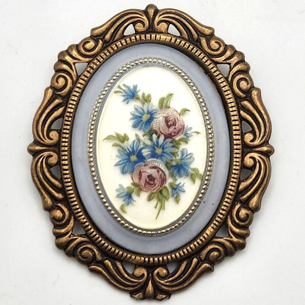 Vintage Pink Rose Blue Daisy Ornate Brass Floral Brooch 2.25" Victorian Revival